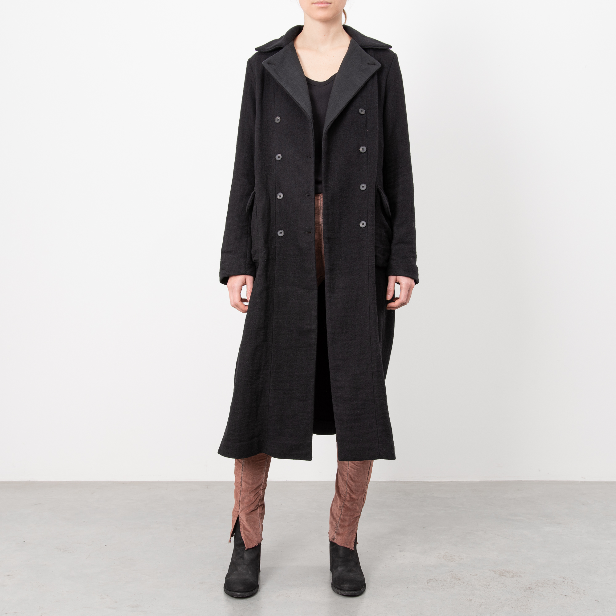 BLACK DOUBLE BREASTED LONG COAT|wolfensson