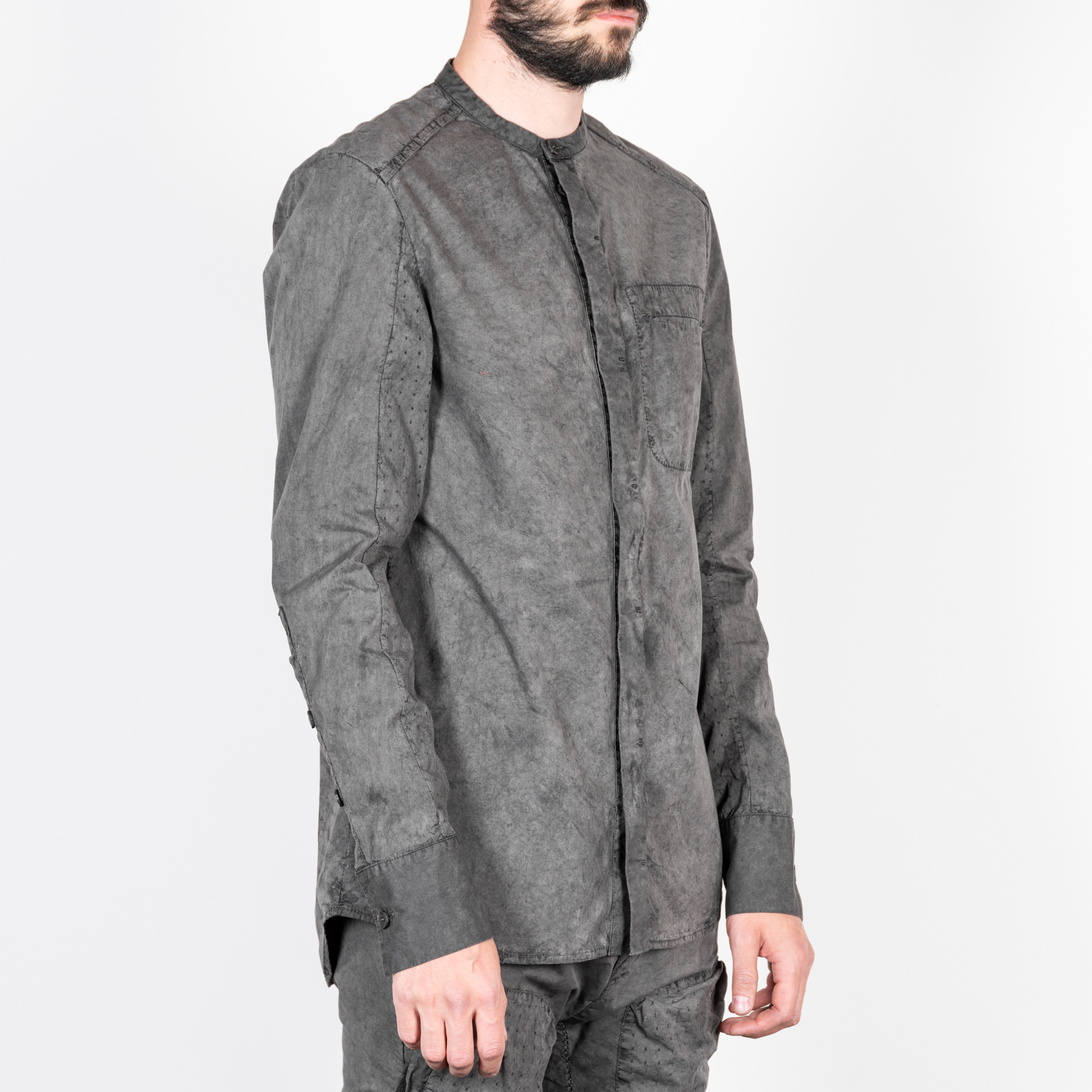 STORM GREY PUNCHED OUT STAND COLLAR SHIRT|wolfensson