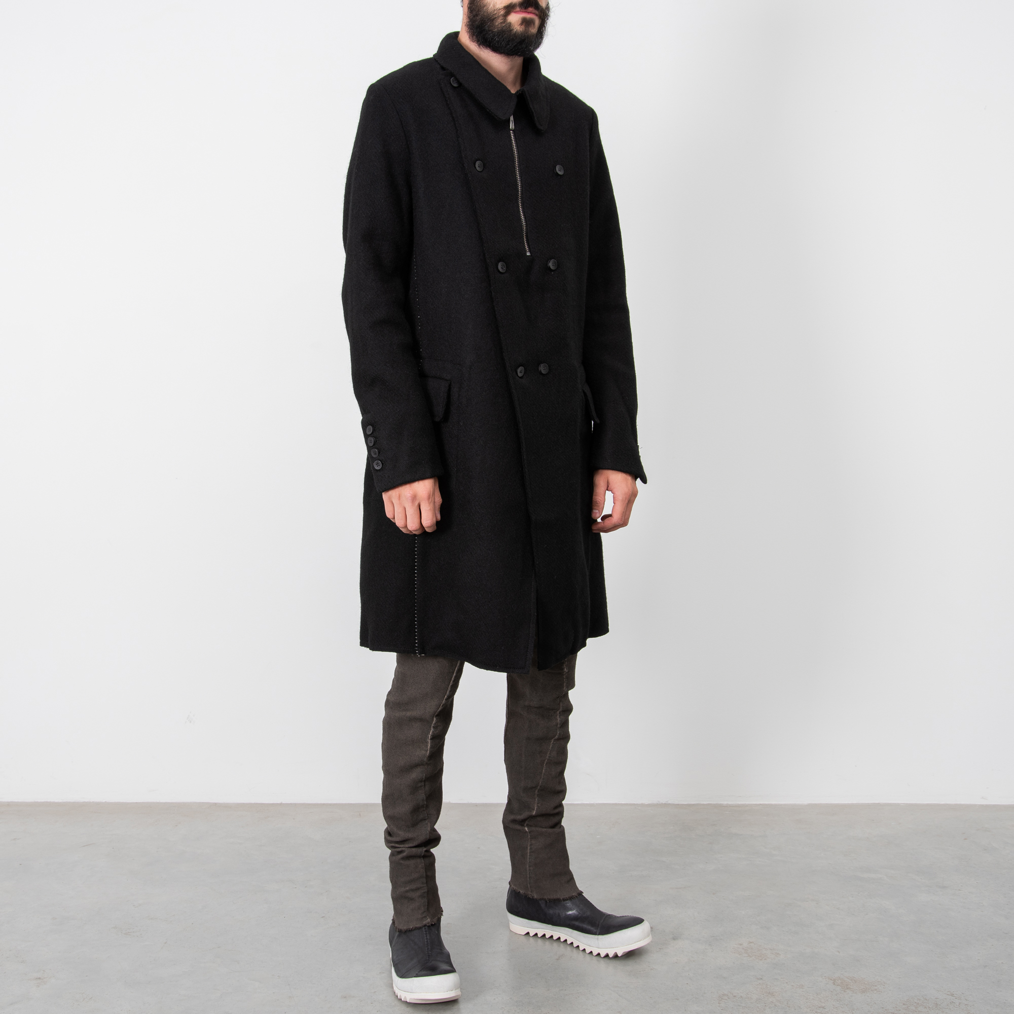 BLACK DOUBLE BREASTED WOOL COAT|wolfensson