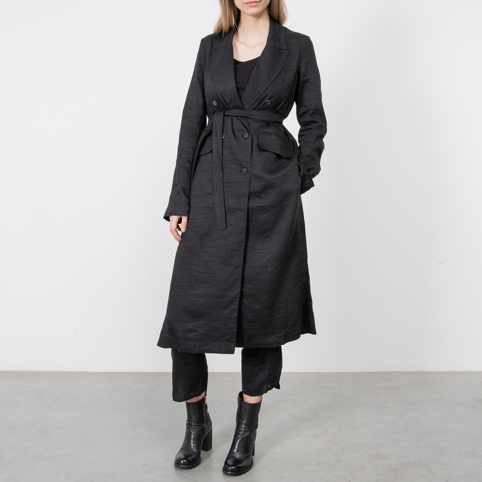 BLACK DOUBLE BREASTED LINEN COAT|wolfensson