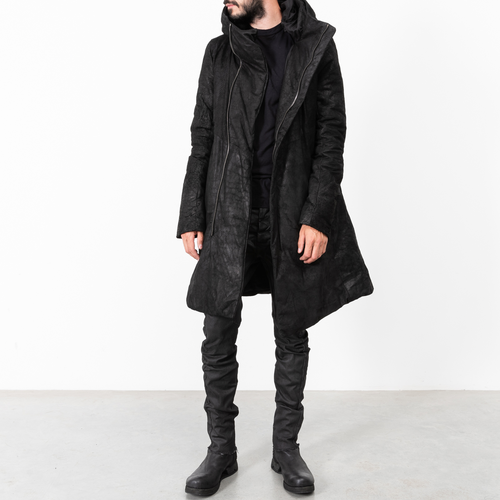 BLACK HOODED PADDED LEATHER PARKA|wolfensson