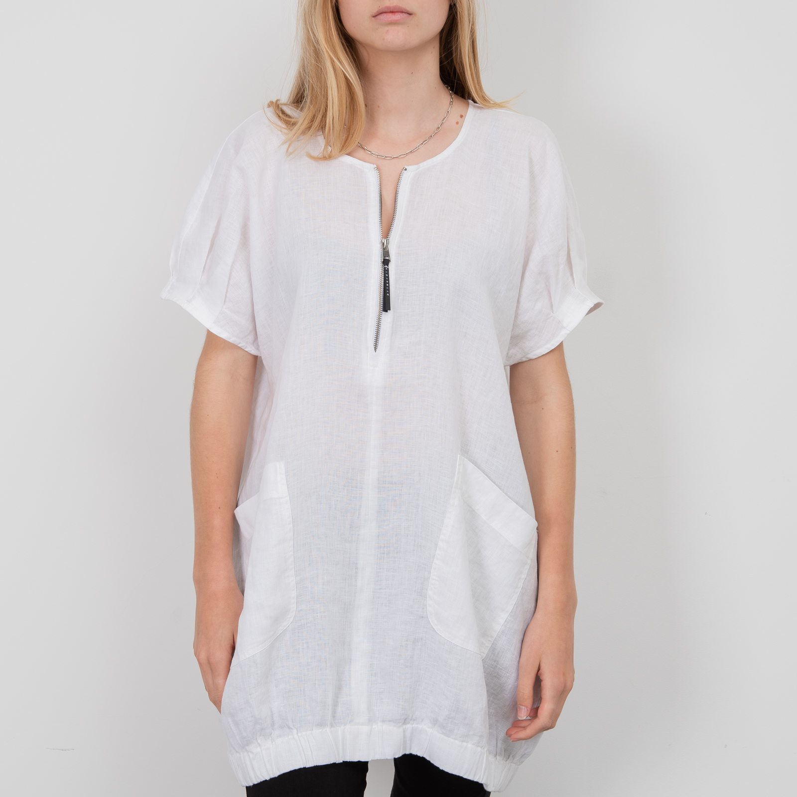 WHITE OVERSIZED FRONT ZIP LINEN DRESS|wolfensson